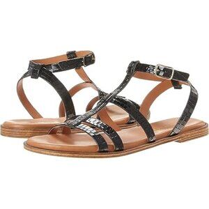 Bella Vita Women's Flat Strappy Sandal Black Croco Italian Leather Size 8.5 Wide